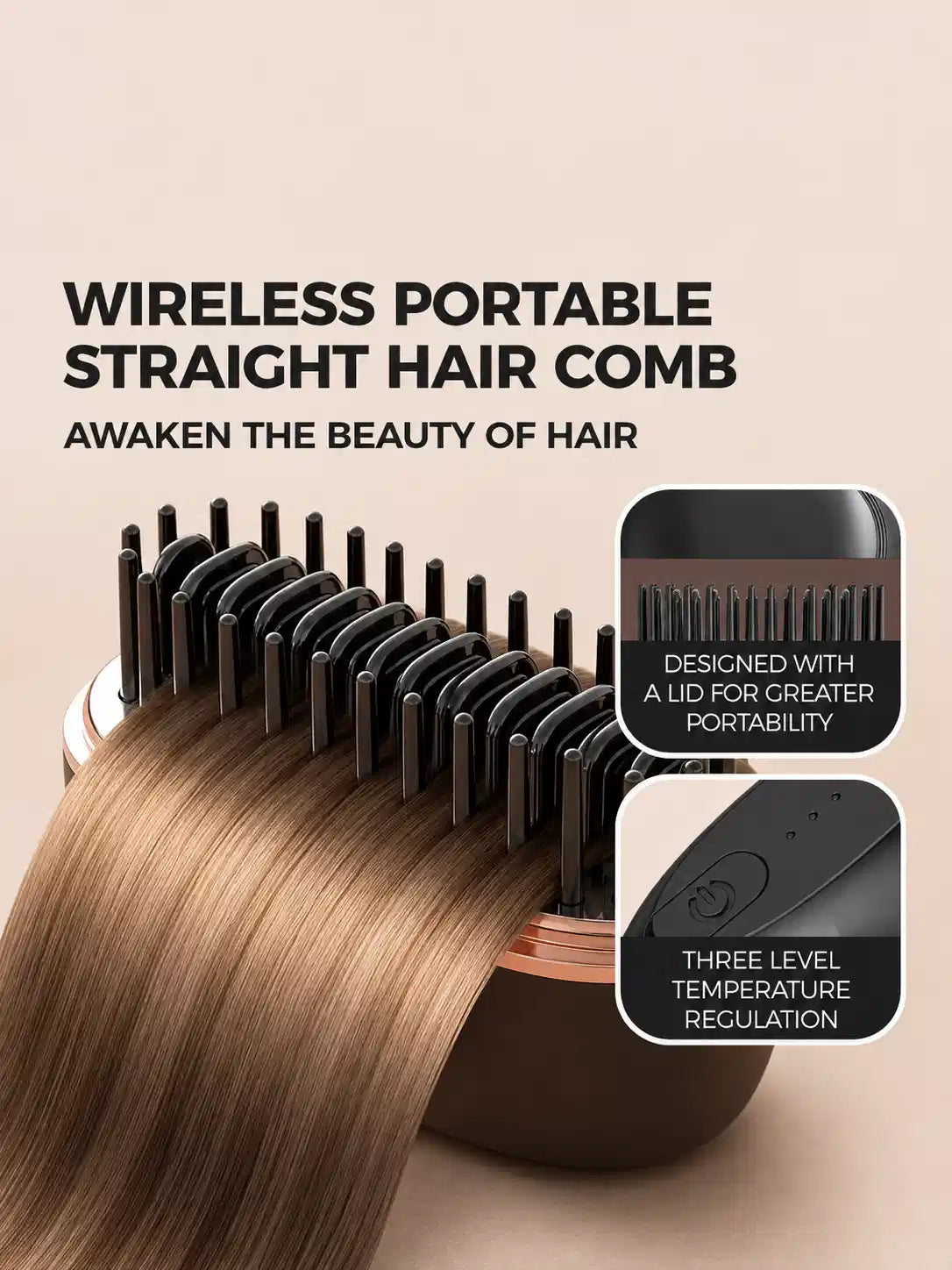 Wireless Portable Hair Straightener Comb | Rechargeable Mini Straightening Brush with 3 Heat Levels
